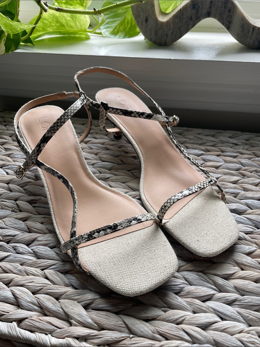 LOFT Beige Canvas and Snake-Print Strappy Heels